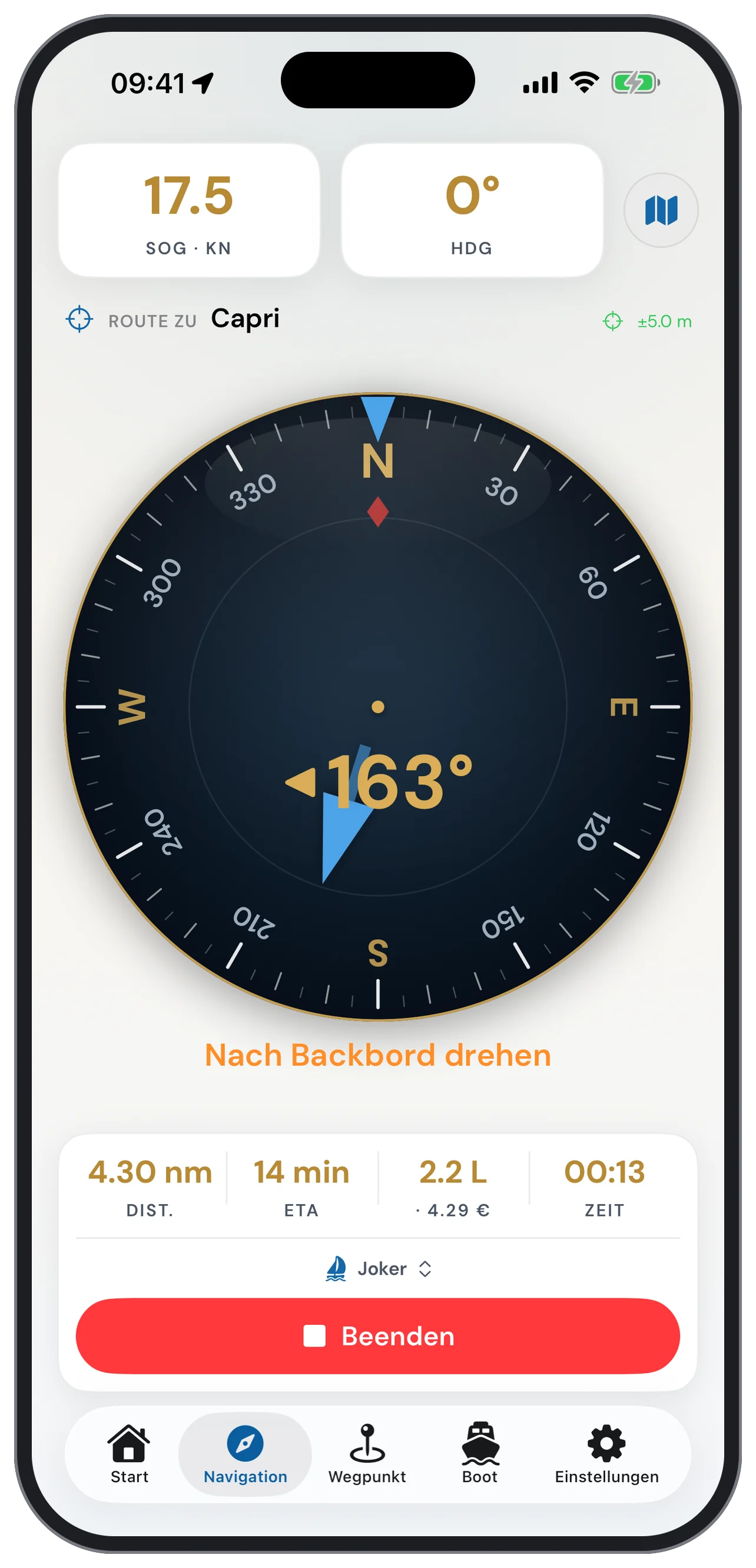 Navigation mit Kompass, Distanz, ETA und Kraftstoff