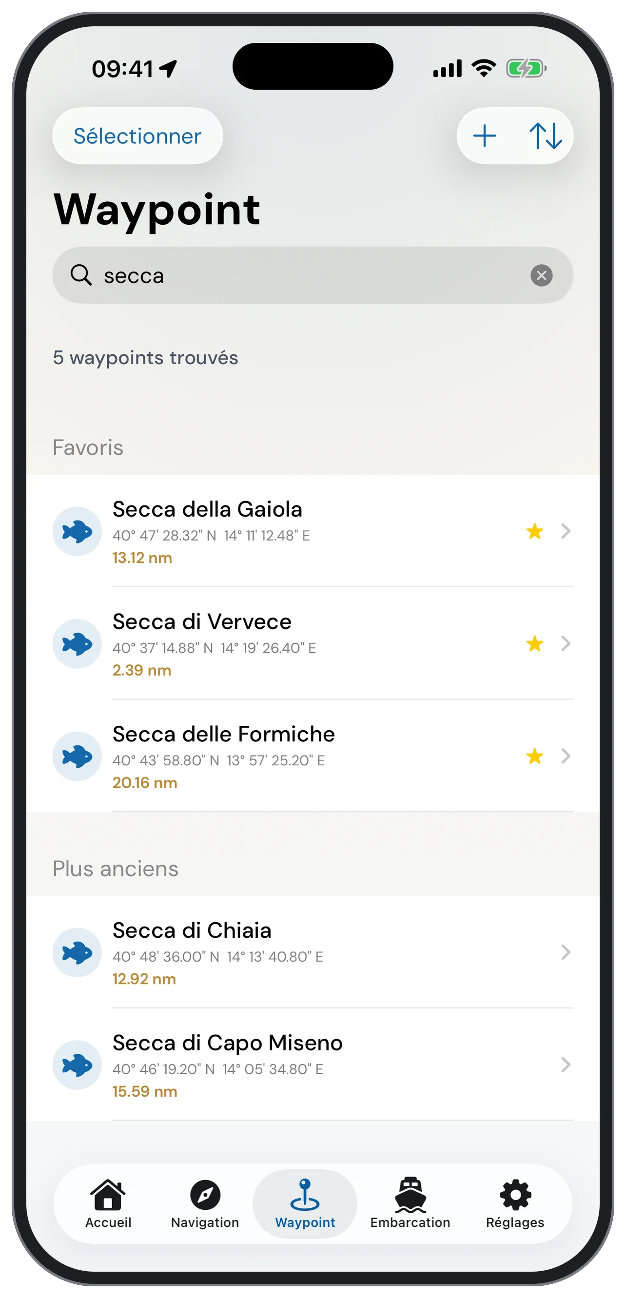 Waypoints avec recherche, dossiers et favoris