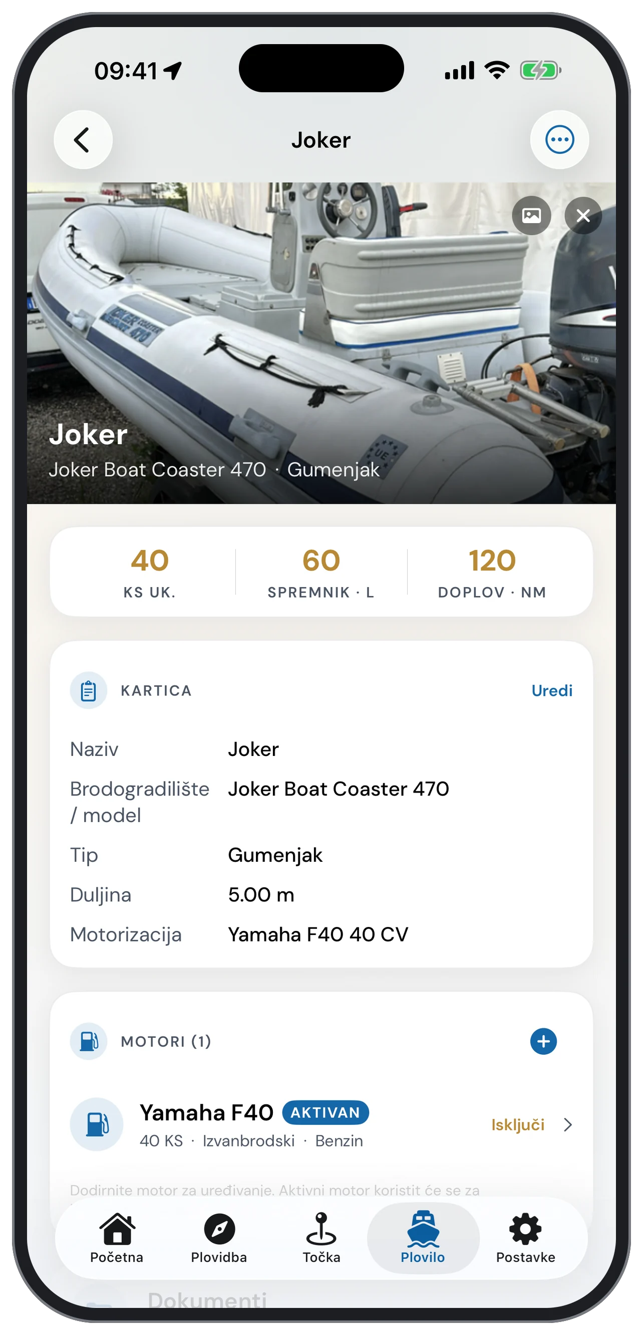 Profil broda s motorom, spremnikom i dosegom